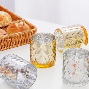 Buy Gold&Silver Votive Glass Hurricane Candle Holders with Embossed For Wedding In Bulk