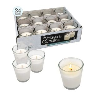 Clear Glass Cups with White Votive Candles Long 12 Hour Burn Time for Party Decorations