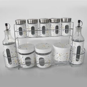Glass Spice Pot Set of 10 Stainless Steel Seasoning Jars Include 2 Olive Oil Bottles Dispenser 5 Salt Pots 1