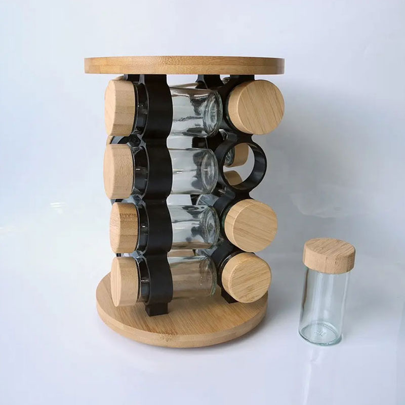 16 Pcs/Set Round Shape Glass Spice Jar Set With Bamboo 4 Levels Revolving Stand