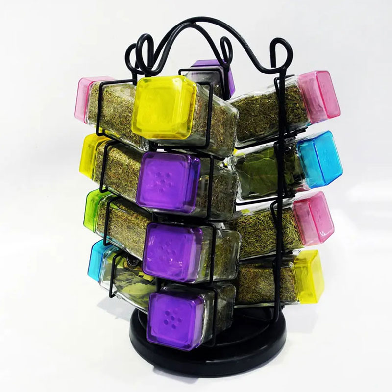 Factory Hot Sale Custom Style Capacity Glass Seasoning Container Jar With Metal Rotating Spice Rack Set