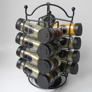 360 Revolving Black Metal Spice Rack Set with 16 Glass Spice Jars 1