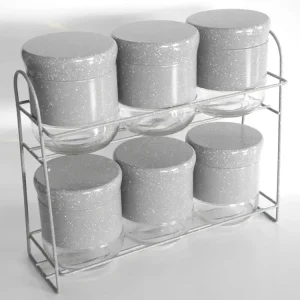 Gray 6 PCS Set Stainless Steel Cover Glass Spices Jar Rack Food Storage Glass Jar Kitchen Spice Rack