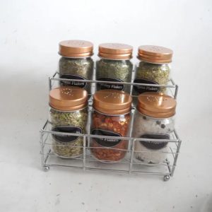 Unique Gift Metal Spice Container Rack with 6 Glass Spices Jars with Golden Lid 1