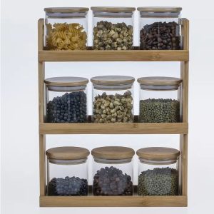 glass jars with wooden spoons and rack air tight bamboo wood lids Kitchen canisters 1
