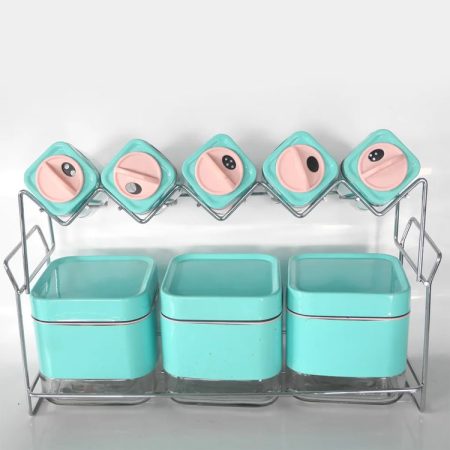 Coated Metal Glass Green Color Spice Rack Holder with 6 Shaker and 3 Canister Spice Storage Rack 2 Coated Metal Glass Green Color Spice Rack Holder with 6 Shaker and 3 Canister Spice Storage Rack 2